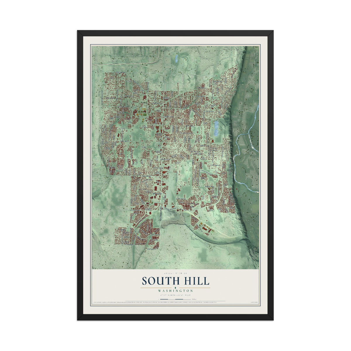Map of South Hill, Washington, 12 x 18 inch print in a black wood frame