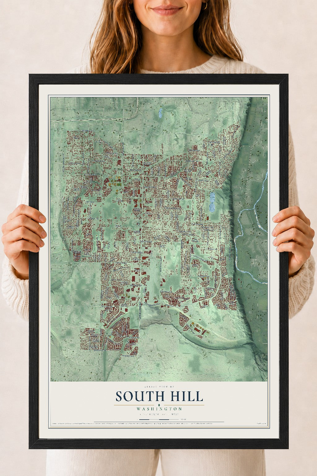 Map of South Hill, Washington, 18 x 24 inch print in a black wood frame