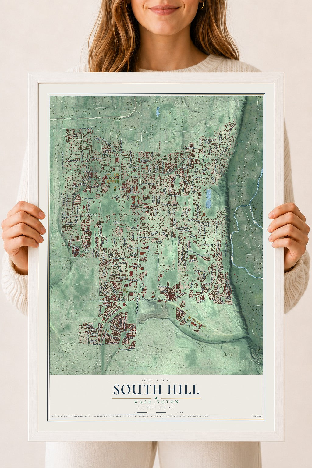 Map of South Hill, Washington, 18 x 24 inch print in a white wood frame