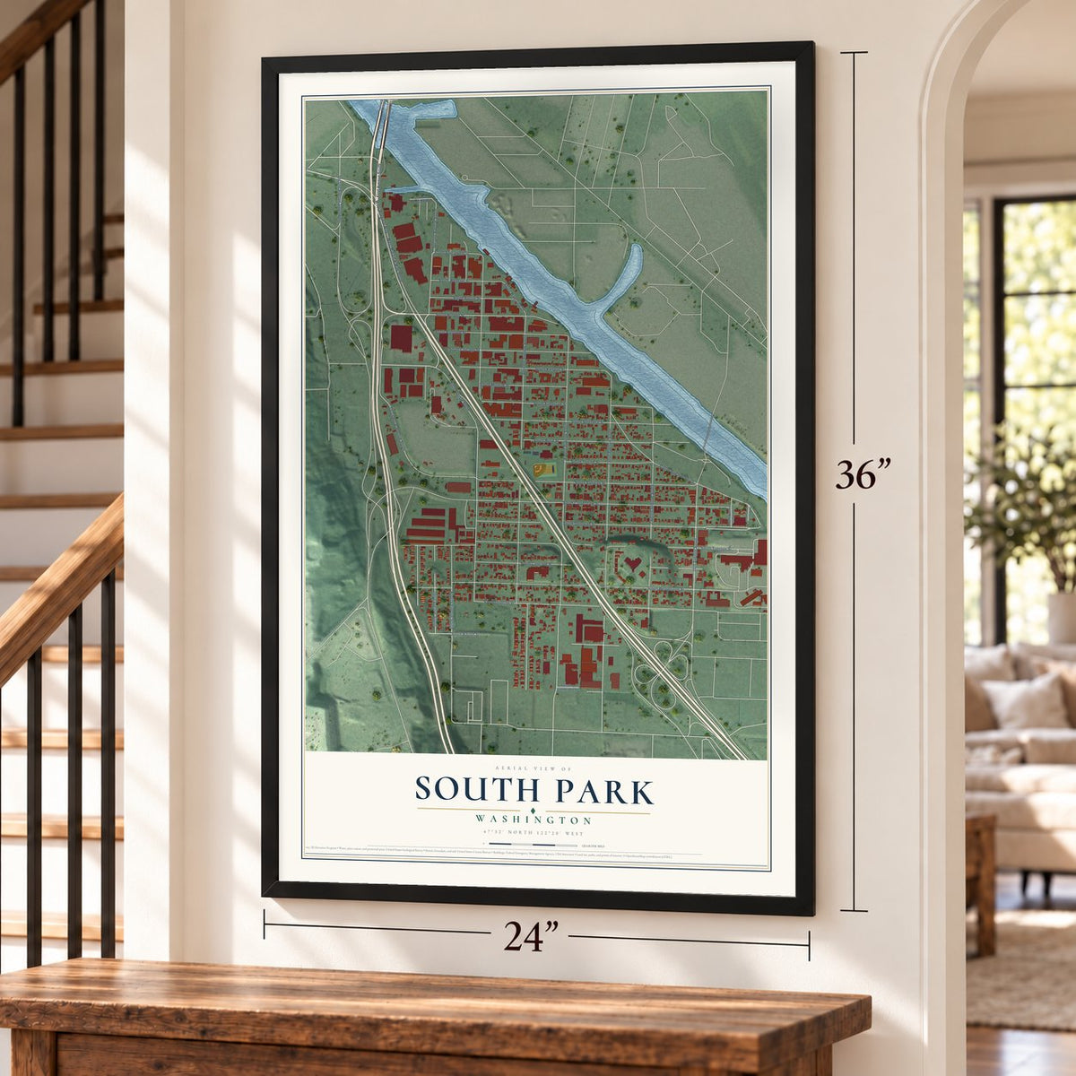 South Park, Washington map, 24 x 36 inch print in a black frame by a staircase