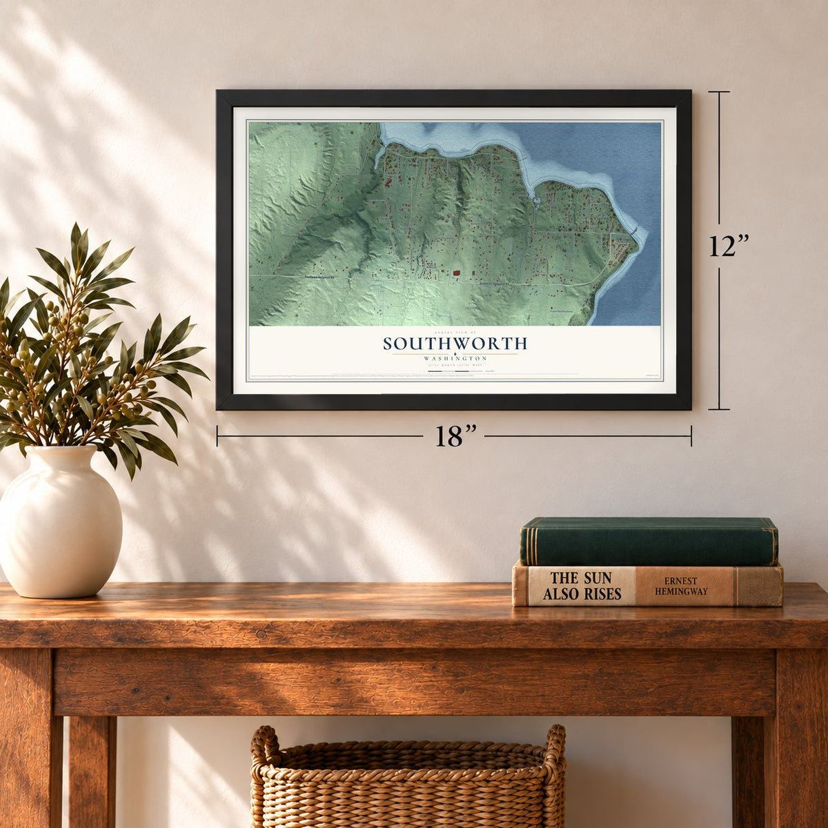 Southworth, Washington map, 12 x 18 inch print in a black frame in an entryway