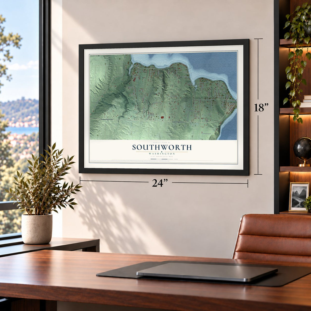 Southworth, Washington map, 18 x 24 inch print in a black frame in a home office