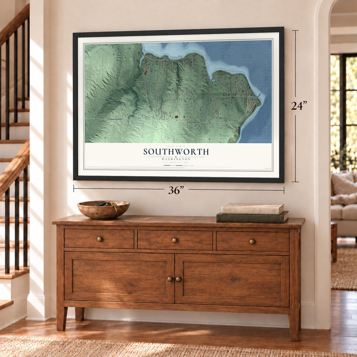 Southworth, Washington map, 24 x 36 inch print in a black frame above a dresser by a staircase
