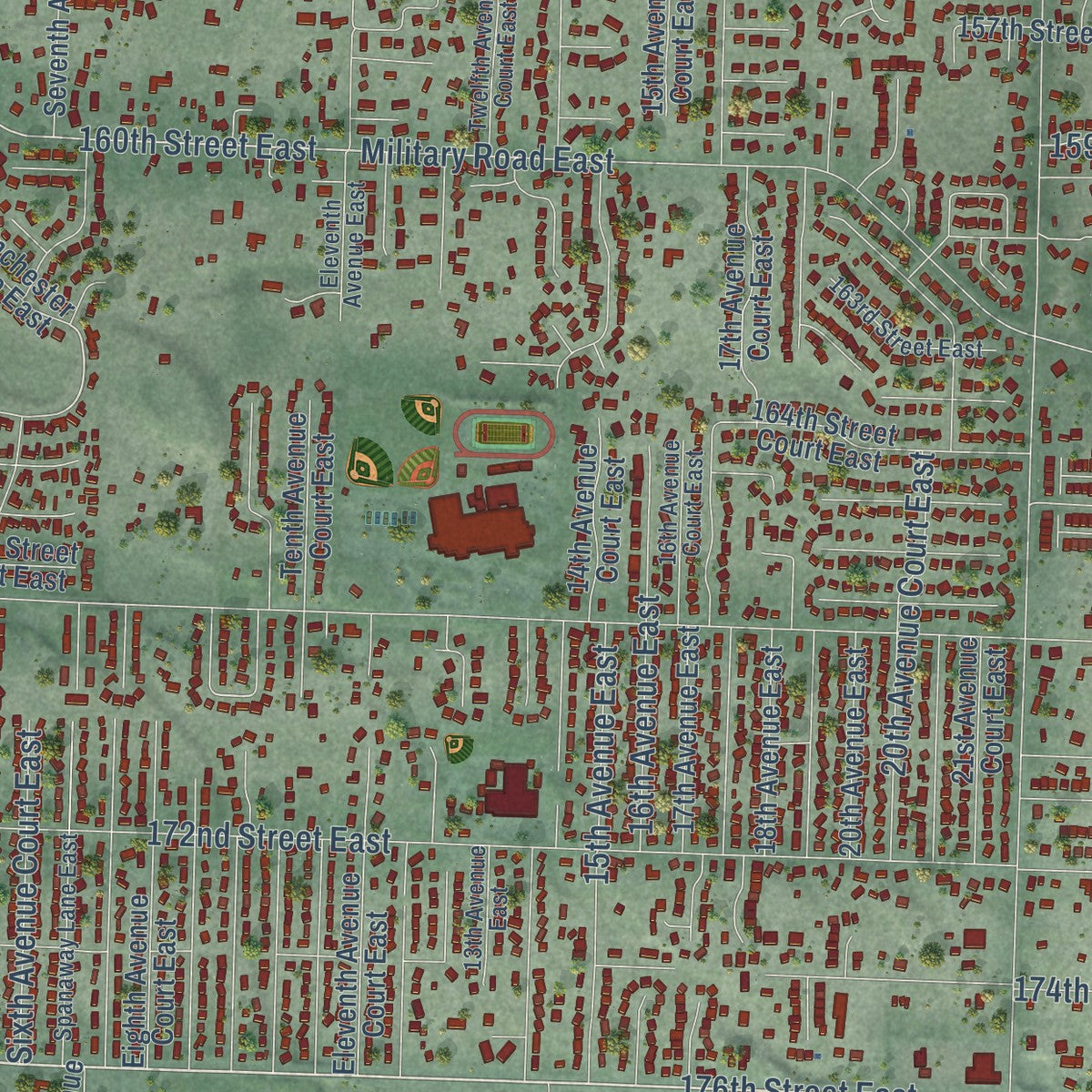 Close-up of the map of Spanaway, Washington print showing street and building detail