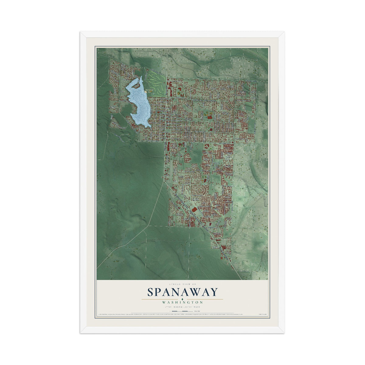 Map of Spanaway, Washington, 12 x 18 inch print in a white wood frame