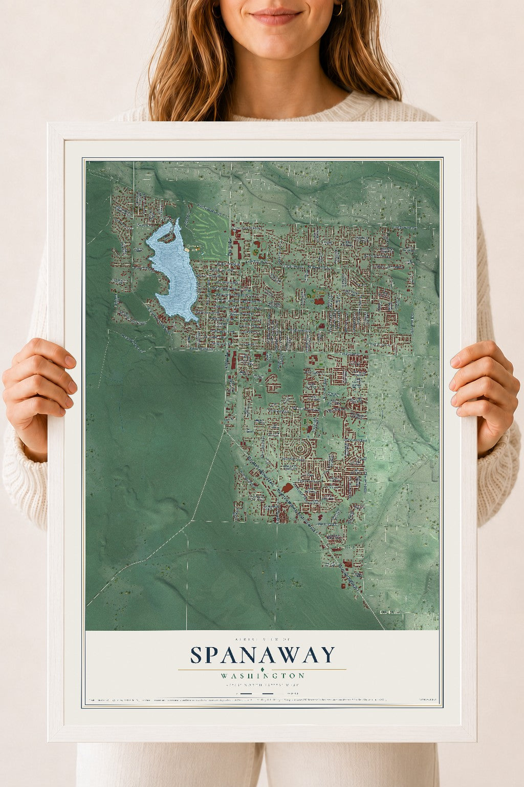 Map of Spanaway, Washington, 18 x 24 inch print in a white wood frame