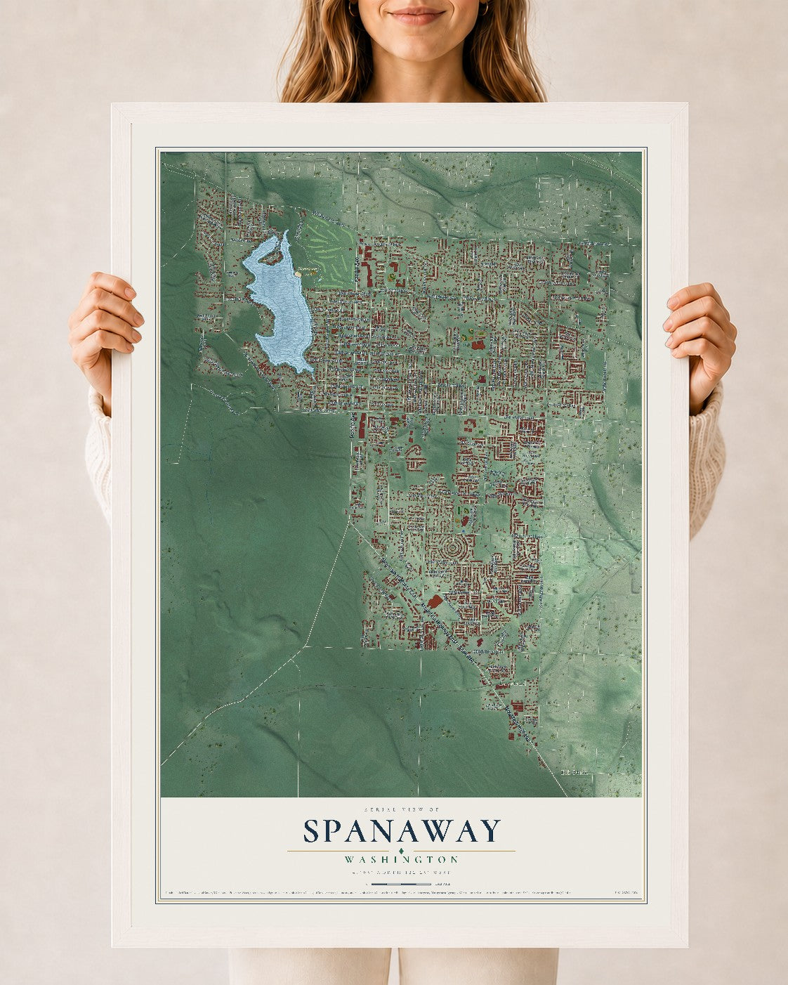 Map of Spanaway, Washington, 24 x 36 inch print in a white wood frame
