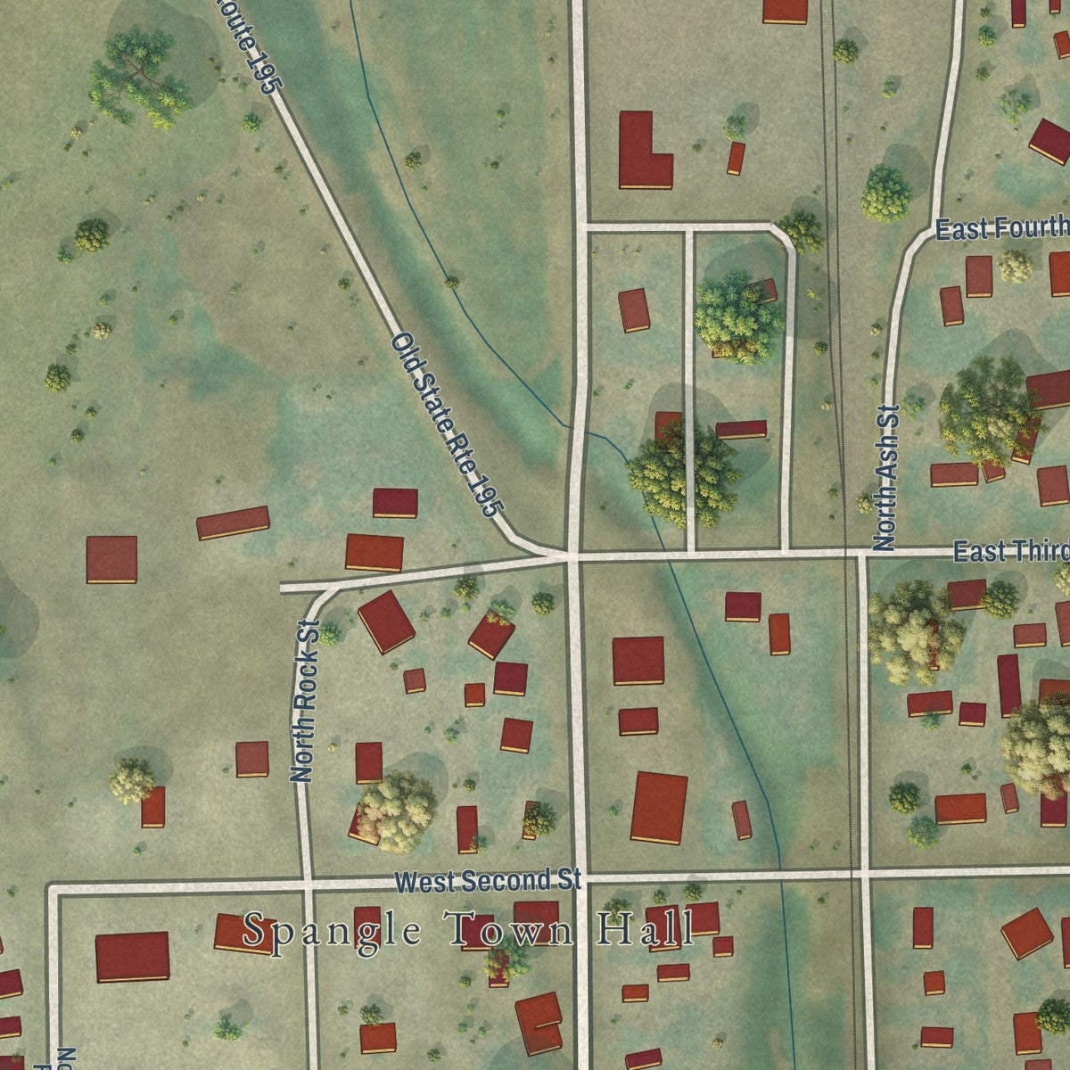 Close-up of the map of Spangle, Washington print showing street and building detail