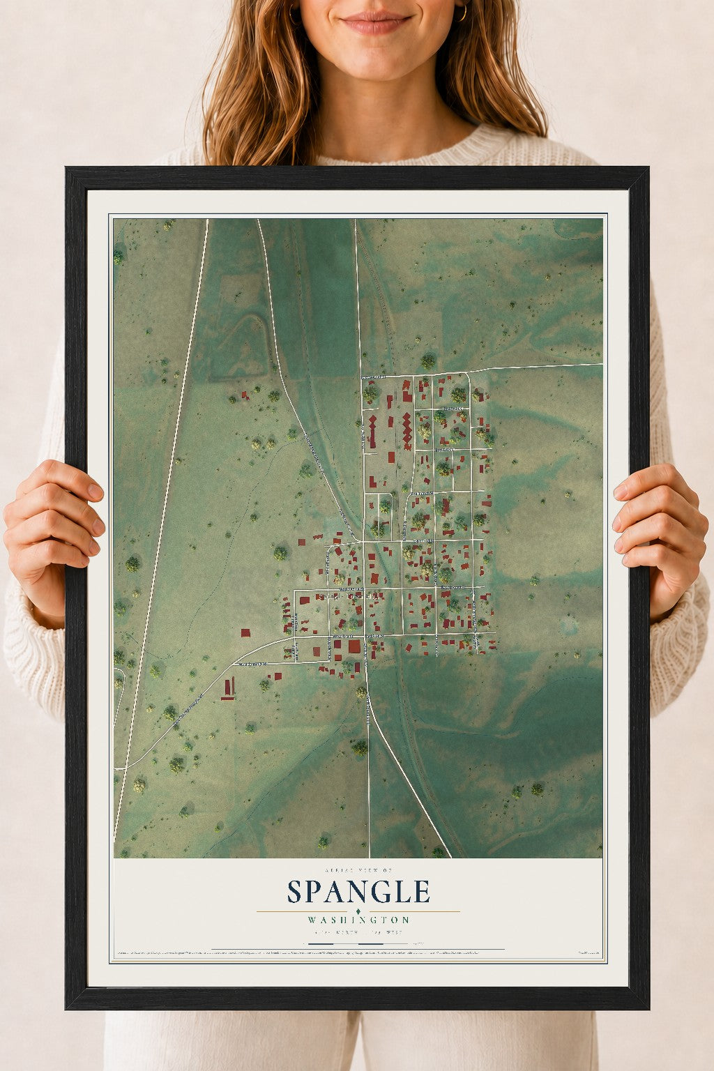 Map of Spangle, Washington, 18 x 24 inch print in a black wood frame