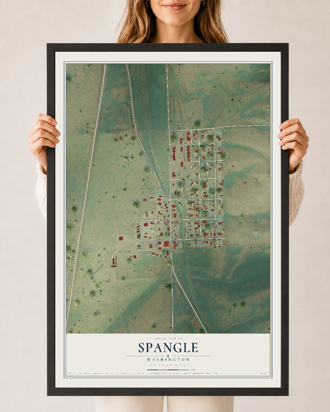 Map of Spangle, Washington, 24 x 36 inch print in a black wood frame