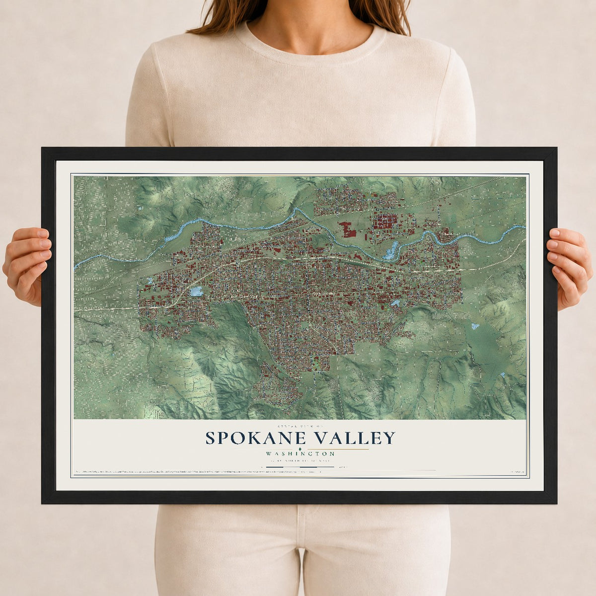 Map of Spokane Valley, Washington, 12 x 18 inch print in a black wood frame
