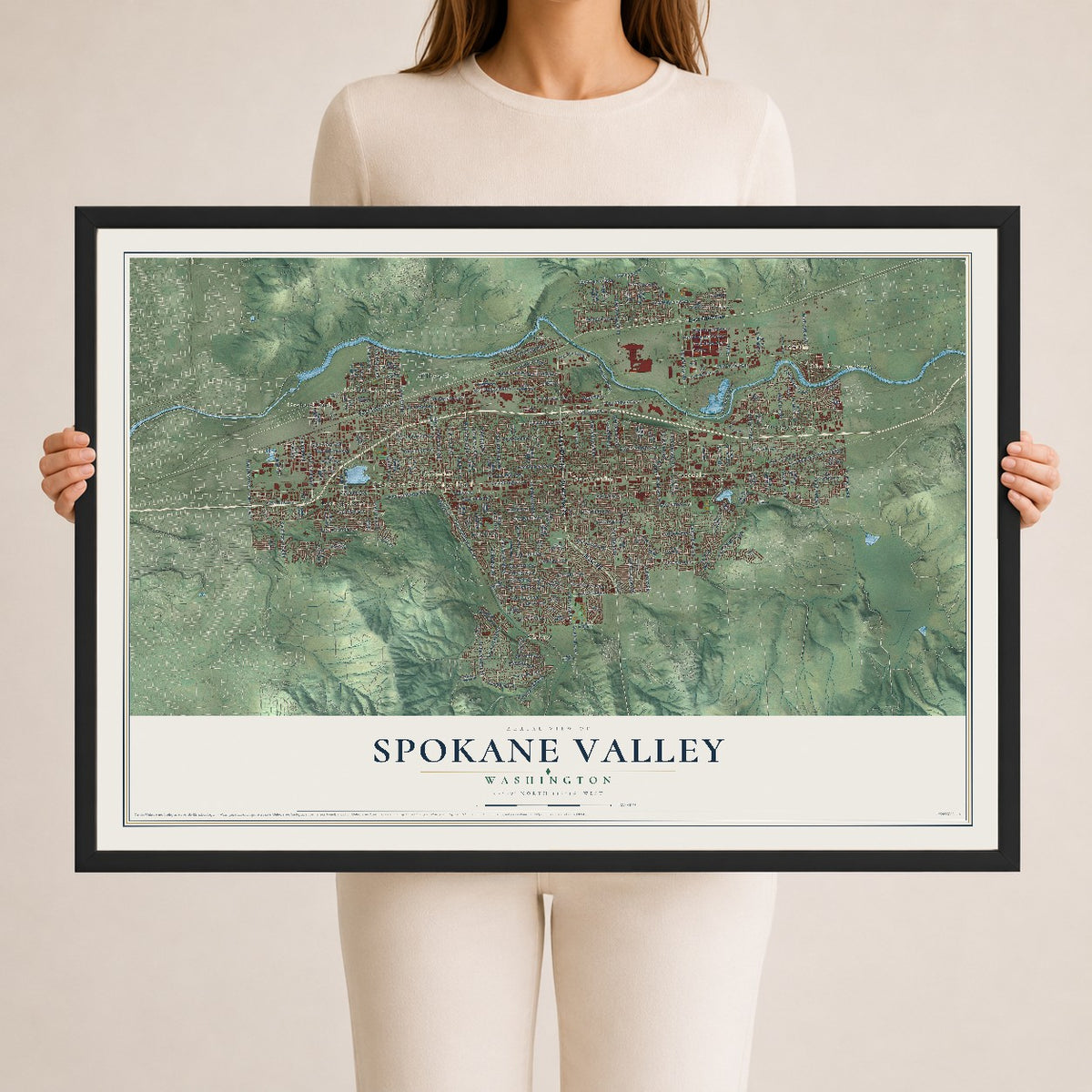 Map of Spokane Valley, Washington, 24 x 36 inch print in a black wood frame