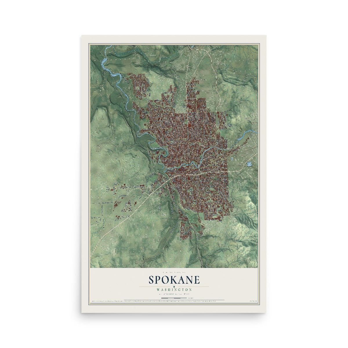 Map of Spokane, Washington, 12 x 18 inch unframed archival matte print