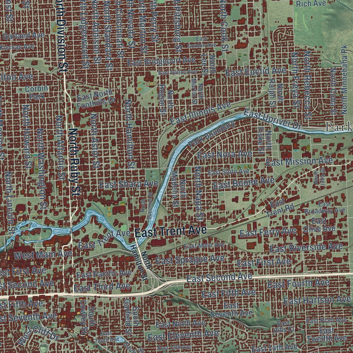Close-up of the map of Spokane, Washington print showing street and building detail