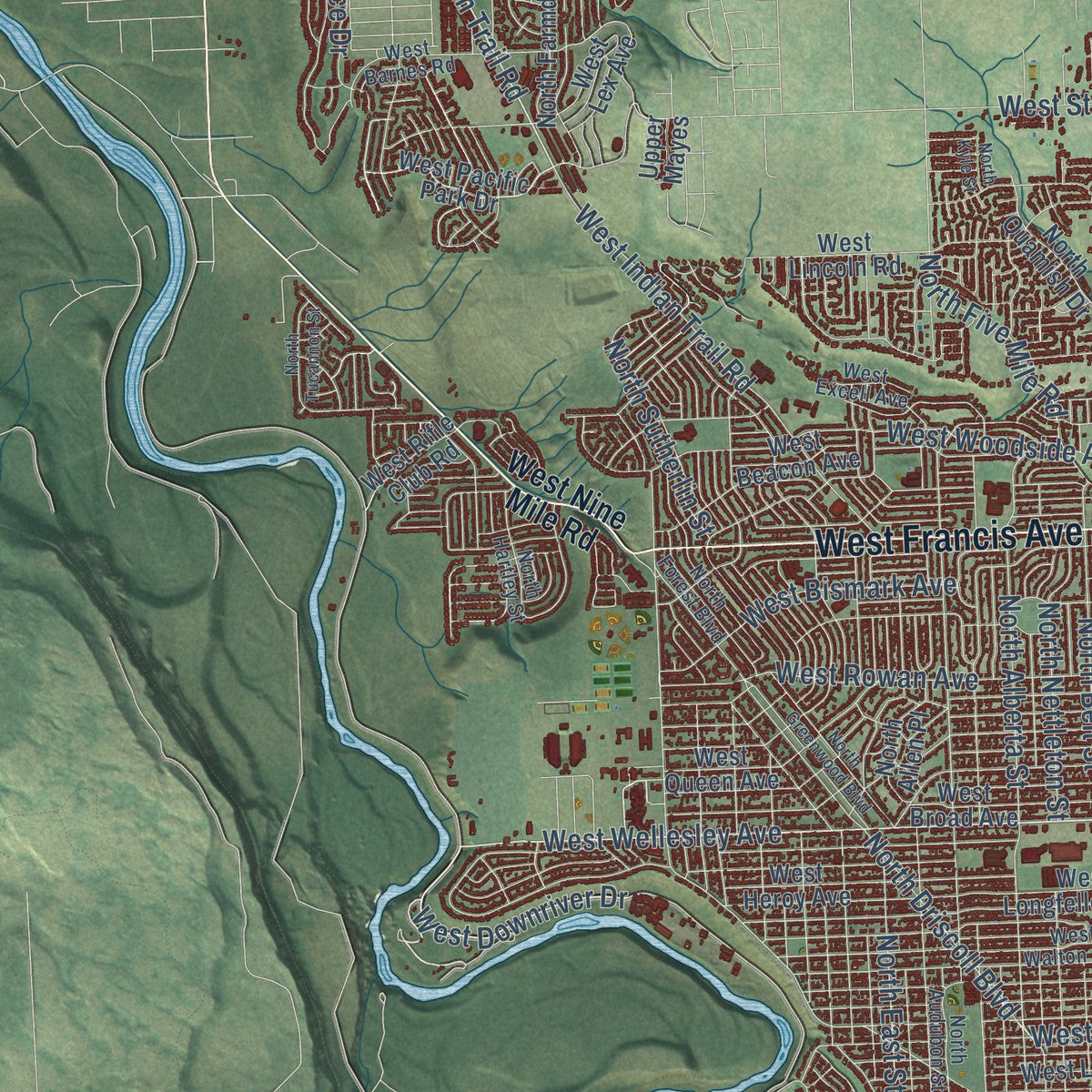 Second close-up of the map of Spokane, Washington print showing more streets and buildings
