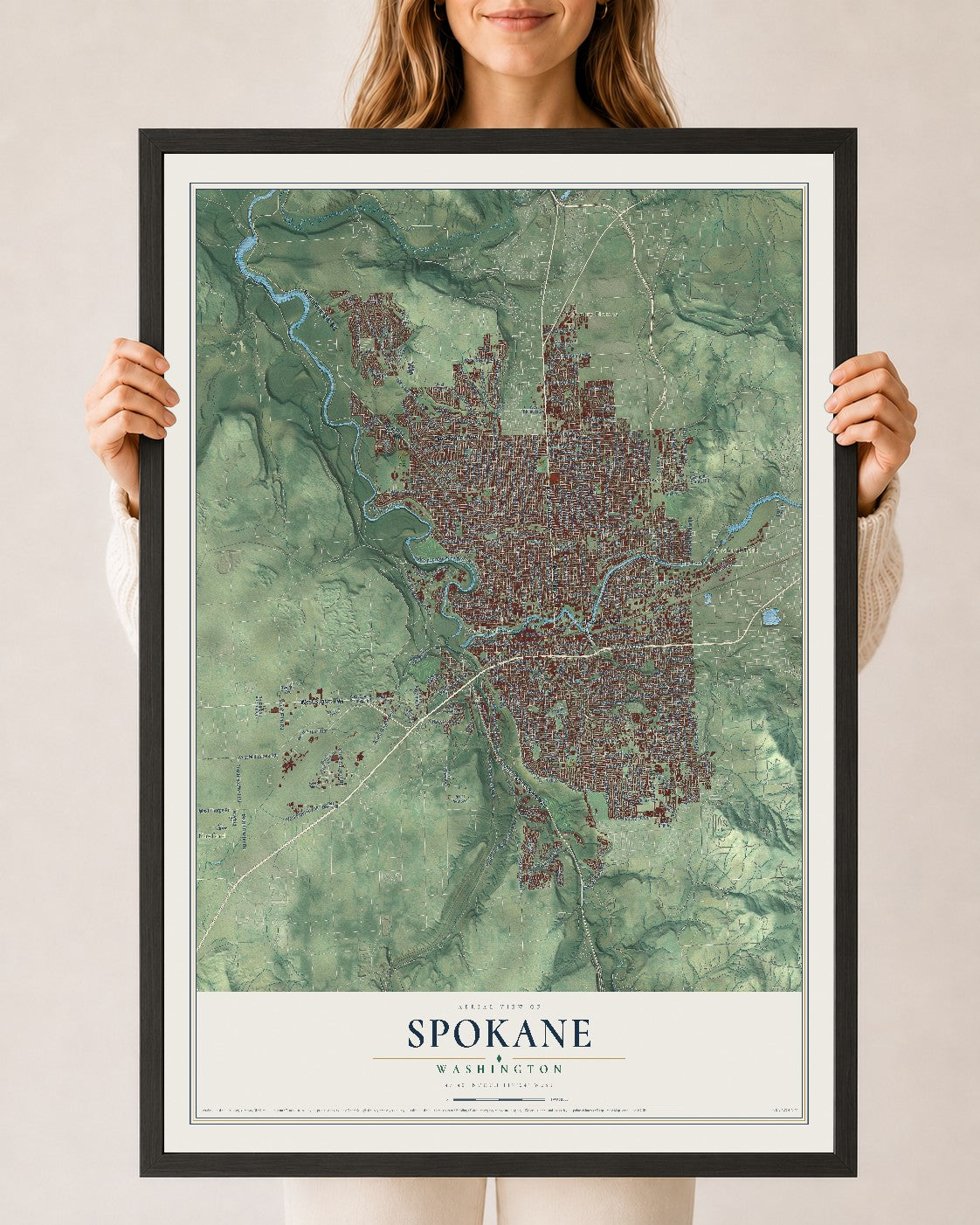 Map of Spokane, Washington, 24 x 36 inch print in a black wood frame