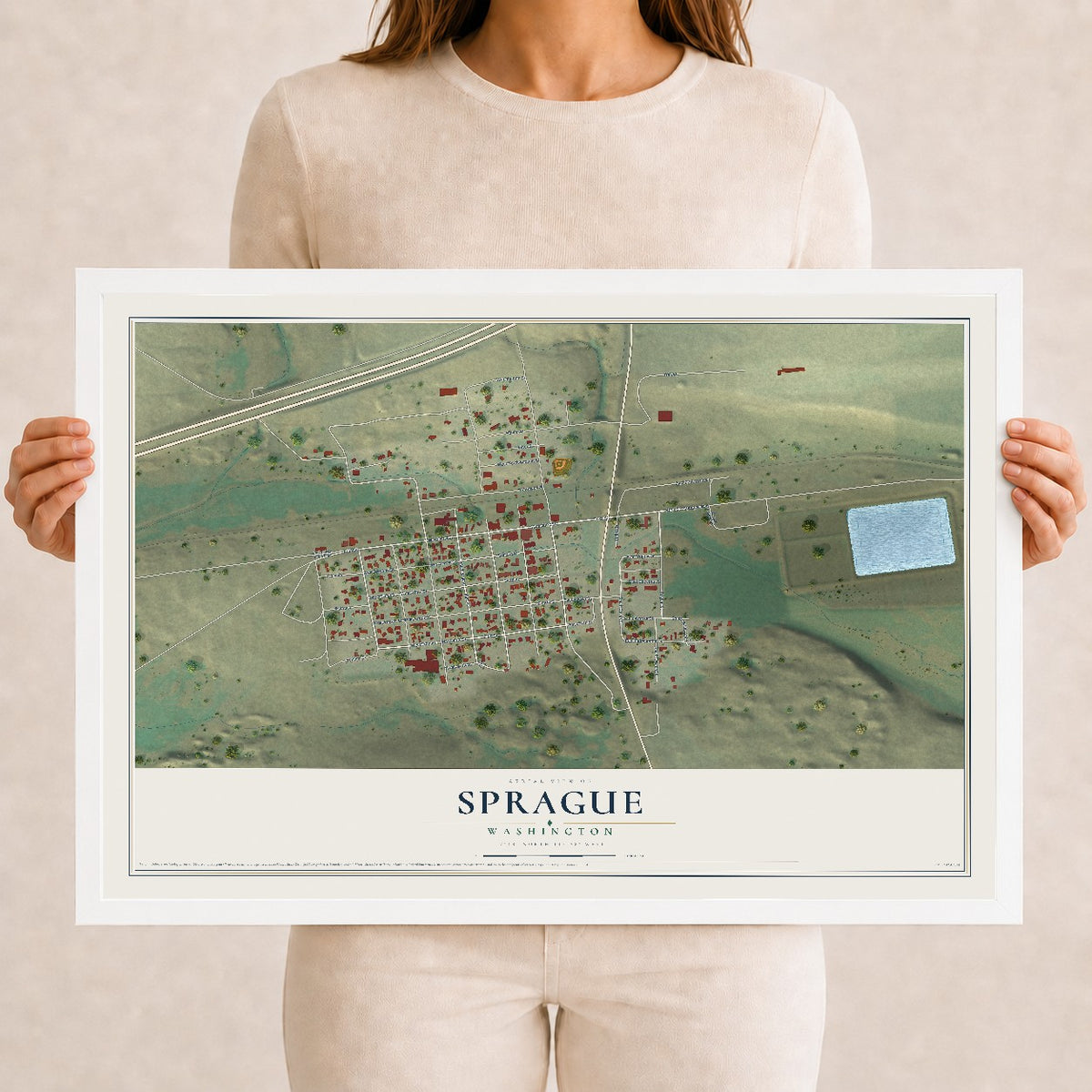Map of Sprague, Washington, 12 x 18 inch print in a white wood frame