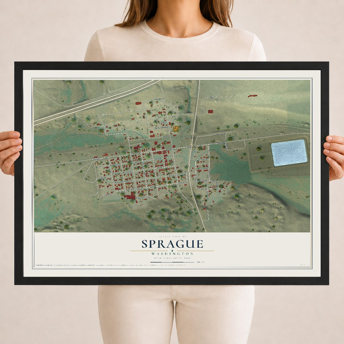 Map of Sprague, Washington, 18 x 24 inch print in a black wood frame