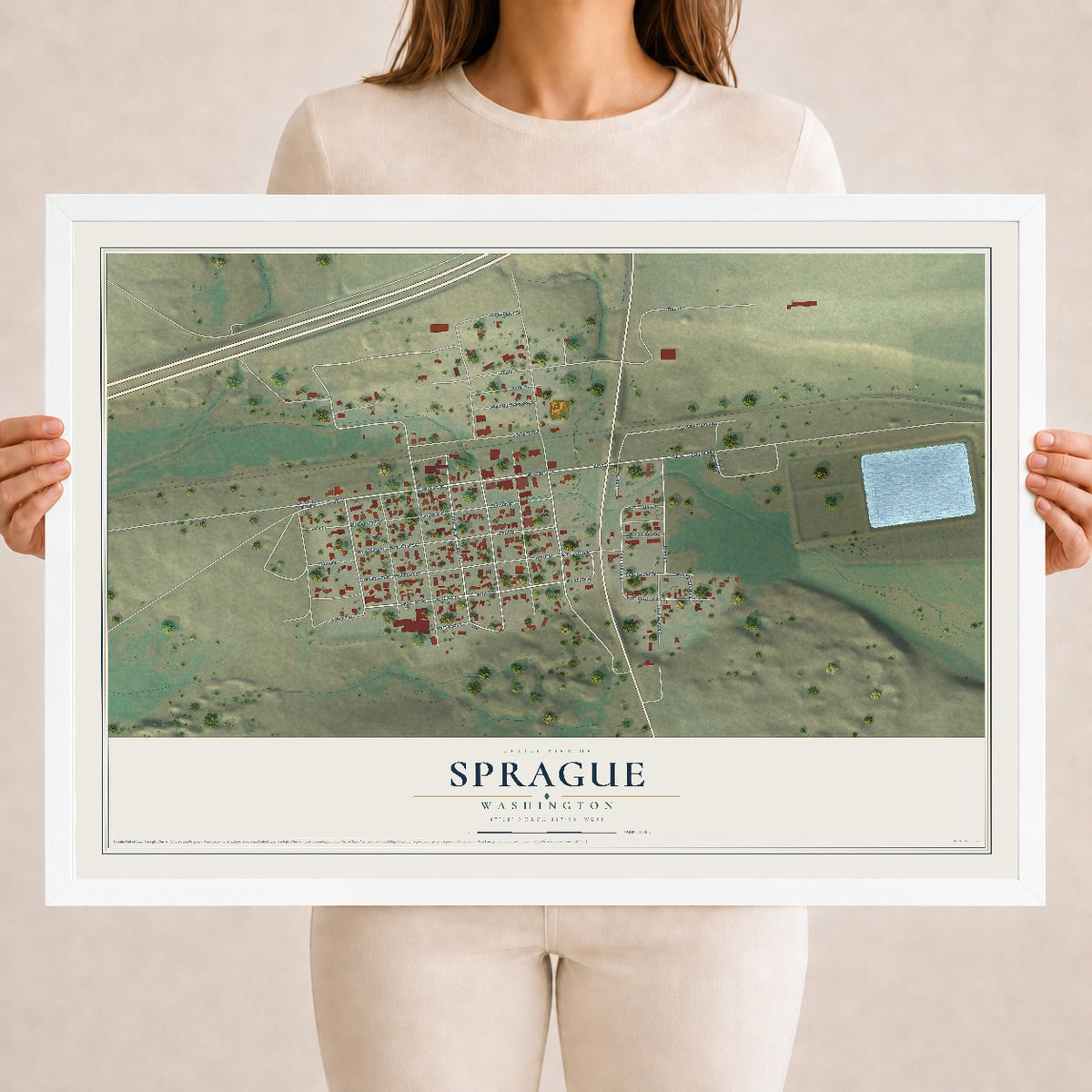 Map of Sprague, Washington, 18 x 24 inch print in a white wood frame
