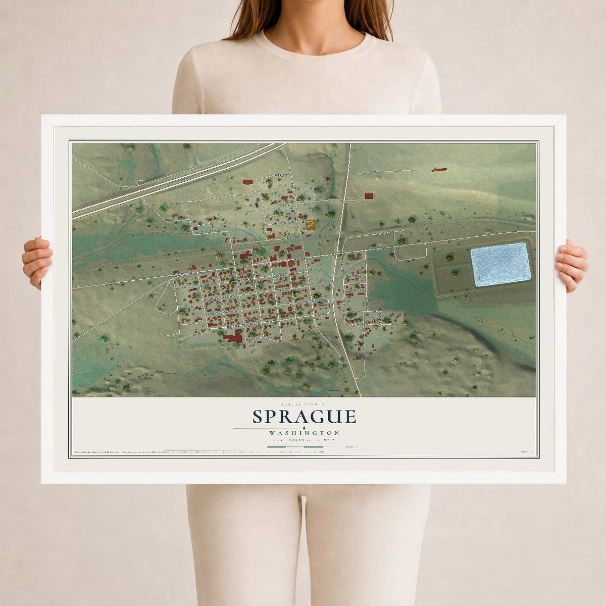 Map of Sprague, Washington, 24 x 36 inch print in a white wood frame