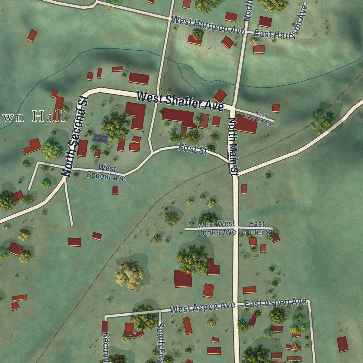 Close-up of the map of Springdale, Washington print showing street and building detail