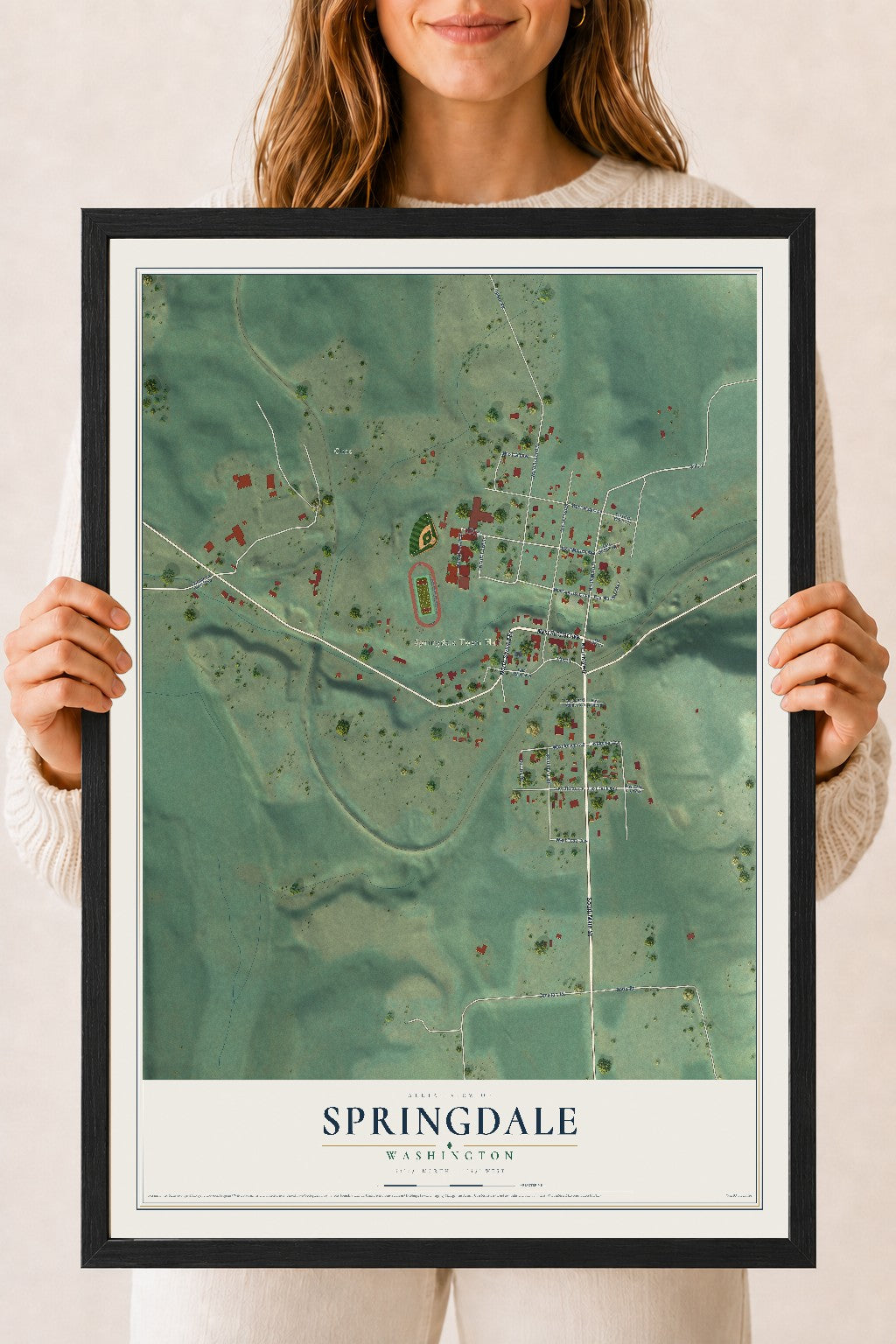 Map of Springdale, Washington, 18 x 24 inch print in a black wood frame