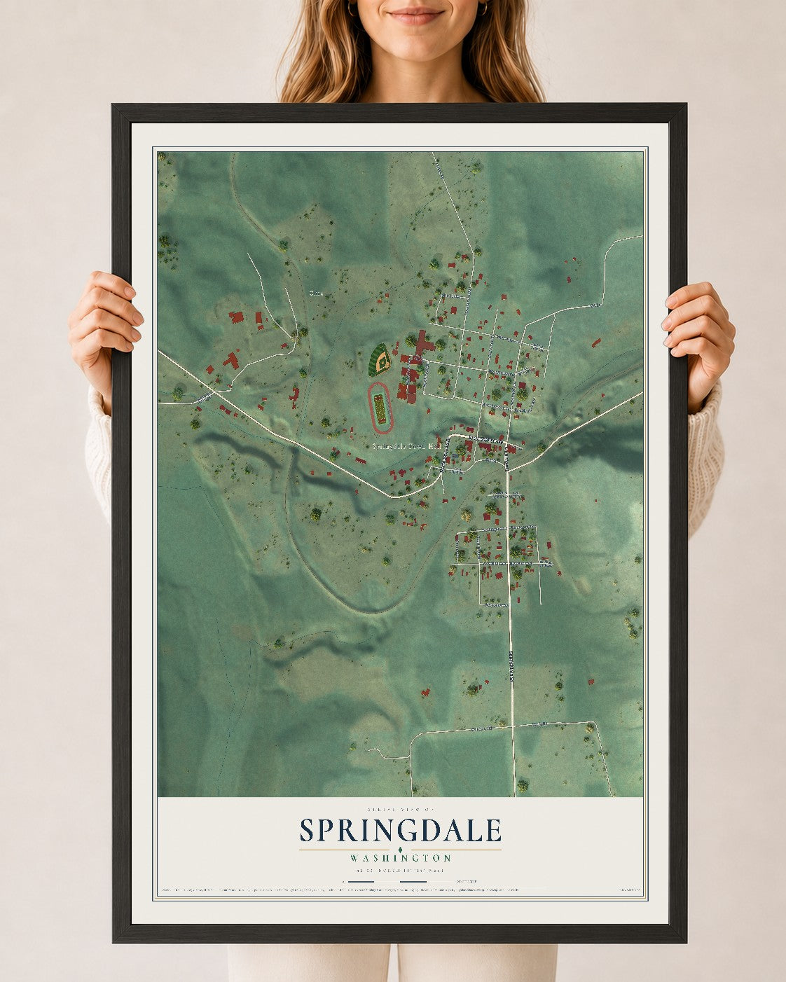 Map of Springdale, Washington, 24 x 36 inch print in a black wood frame