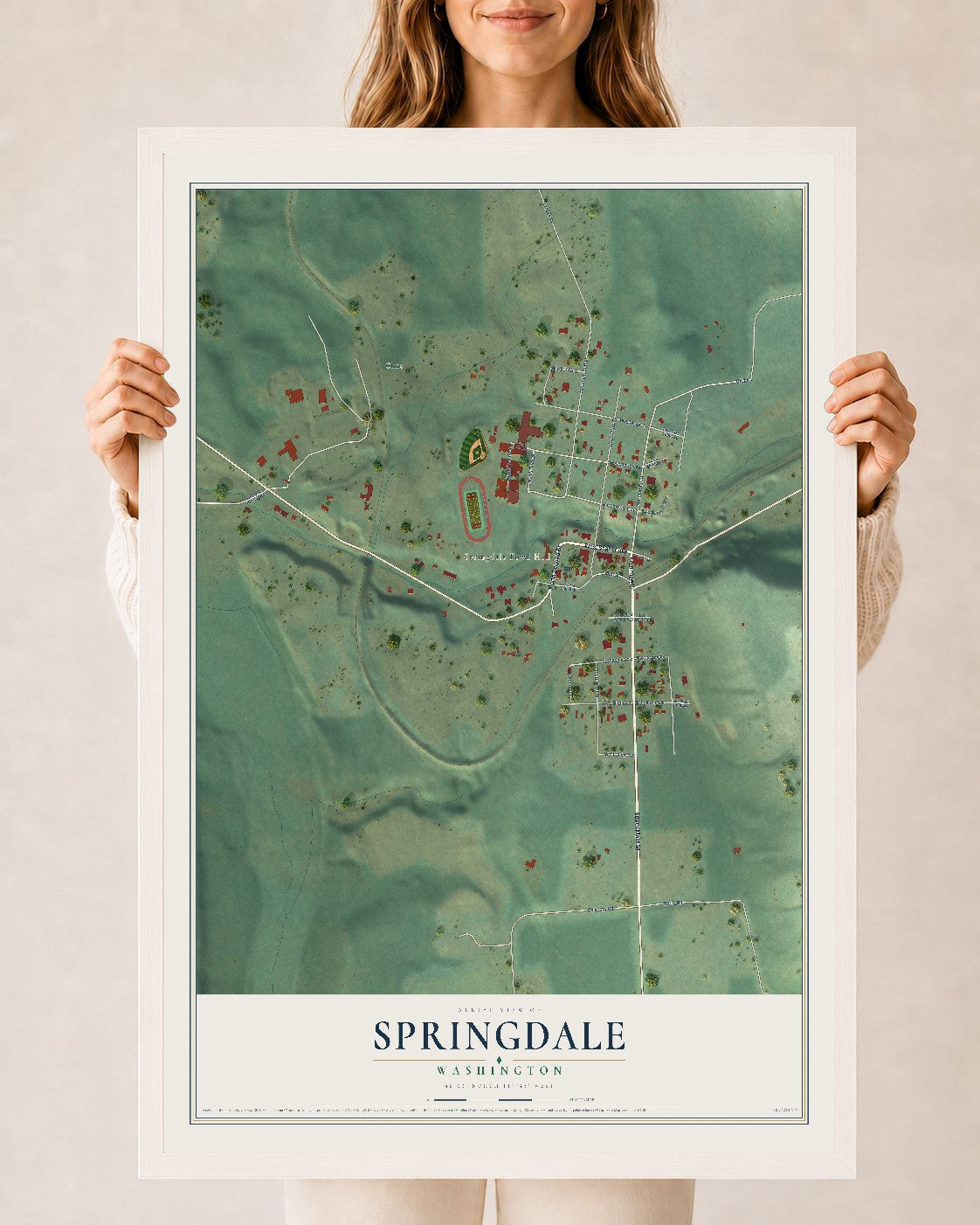 Map of Springdale, Washington, 24 x 36 inch print in a white wood frame