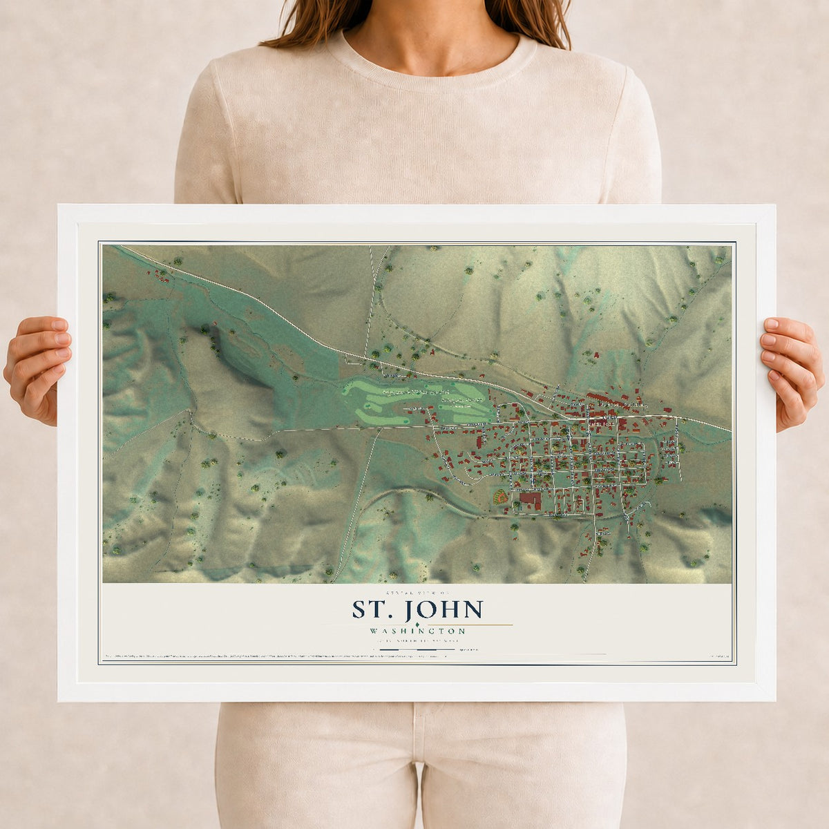 Map of St. John, Washington, 12 x 18 inch print in a white wood frame