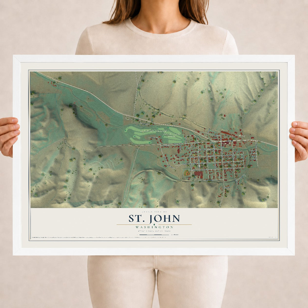 Map of St. John, Washington, 18 x 24 inch print in a white wood frame