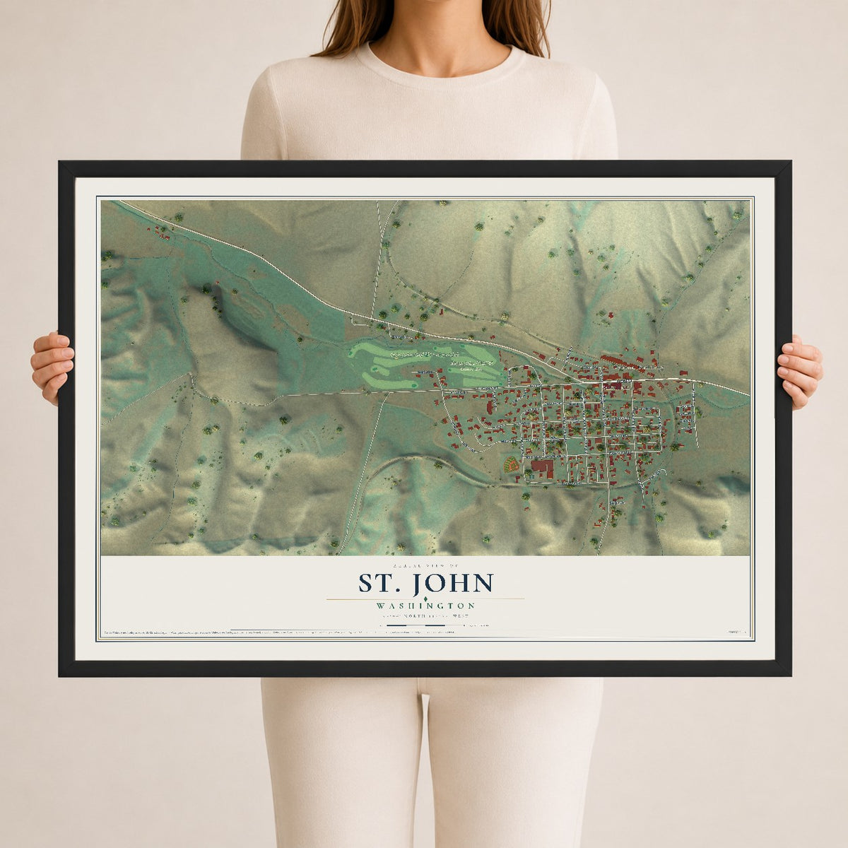 Map of St. John, Washington, 24 x 36 inch print in a black wood frame