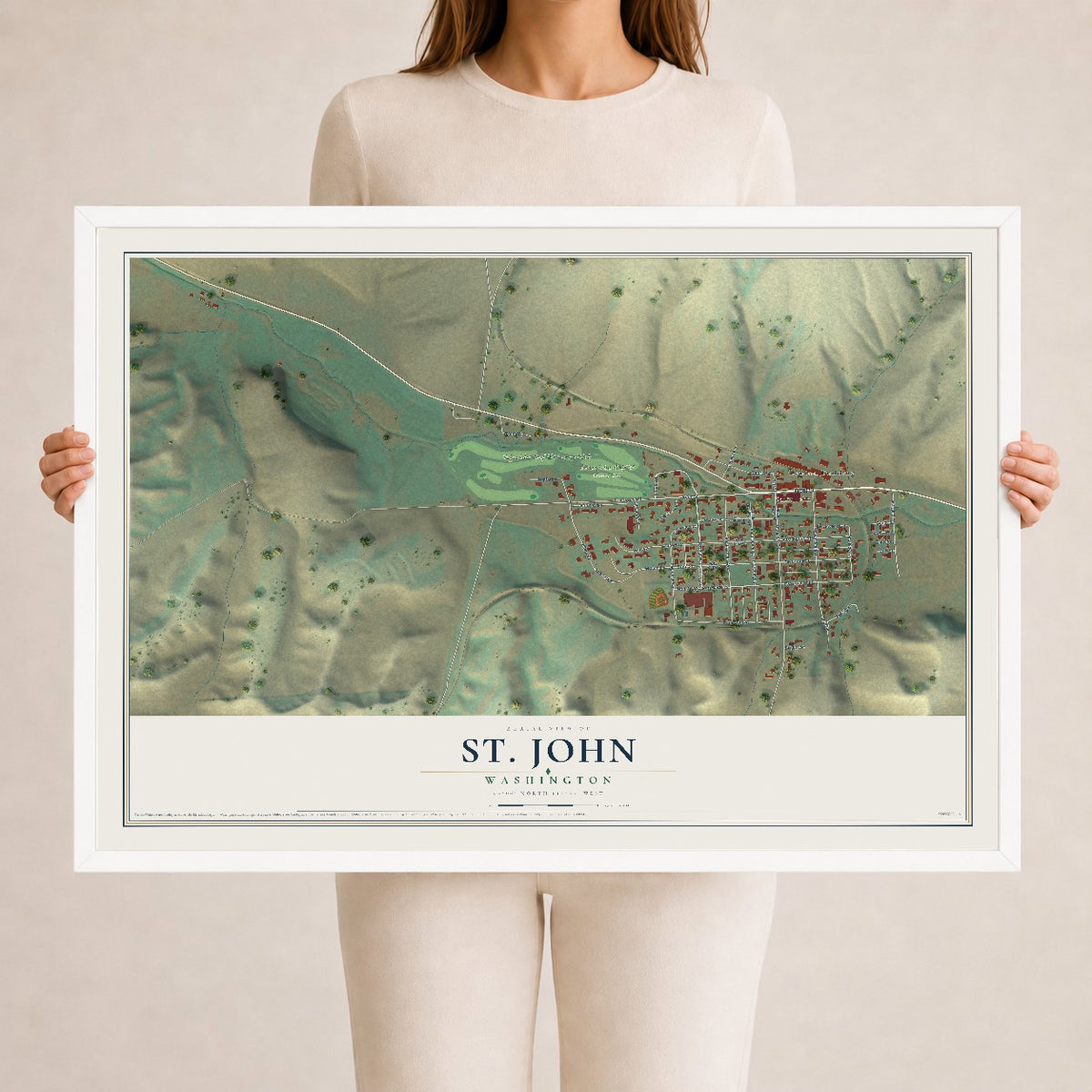 Map of St. John, Washington, 24 x 36 inch print in a white wood frame