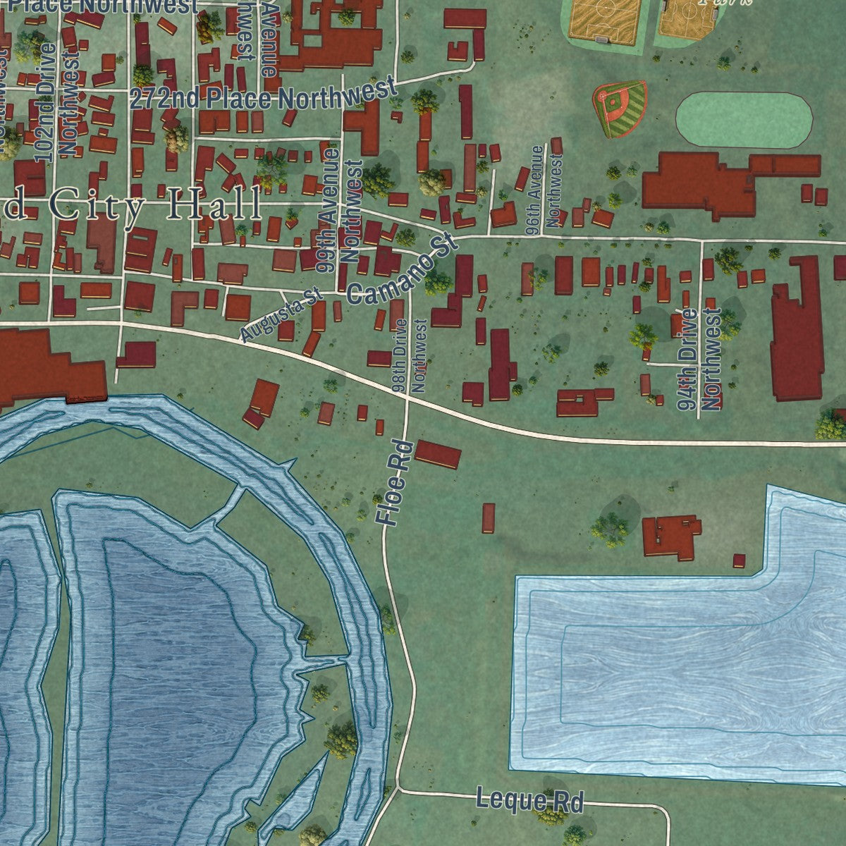 Second close-up of the map of Stanwood, Washington print showing more streets and buildings
