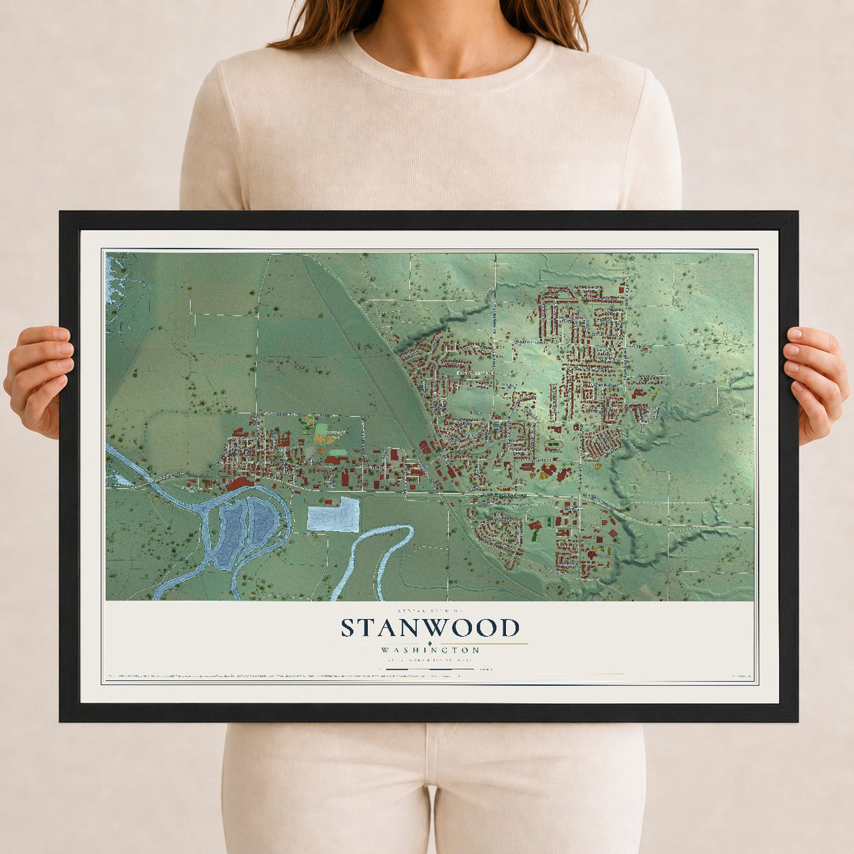 Map of Stanwood, Washington, 12 x 18 inch print in a black wood frame
