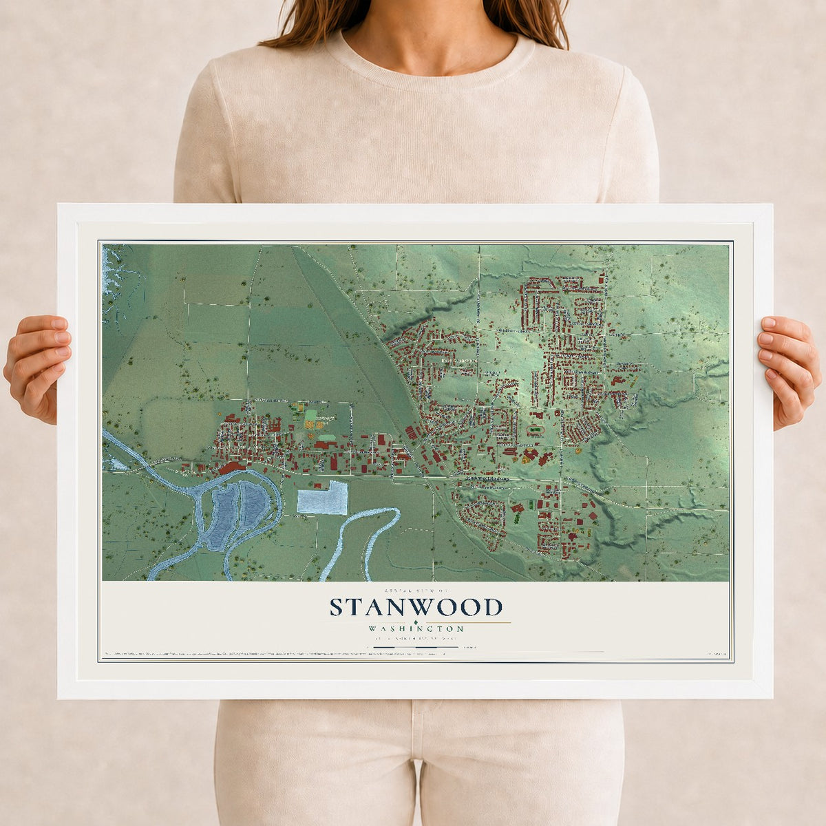 Map of Stanwood, Washington, 12 x 18 inch print in a white wood frame