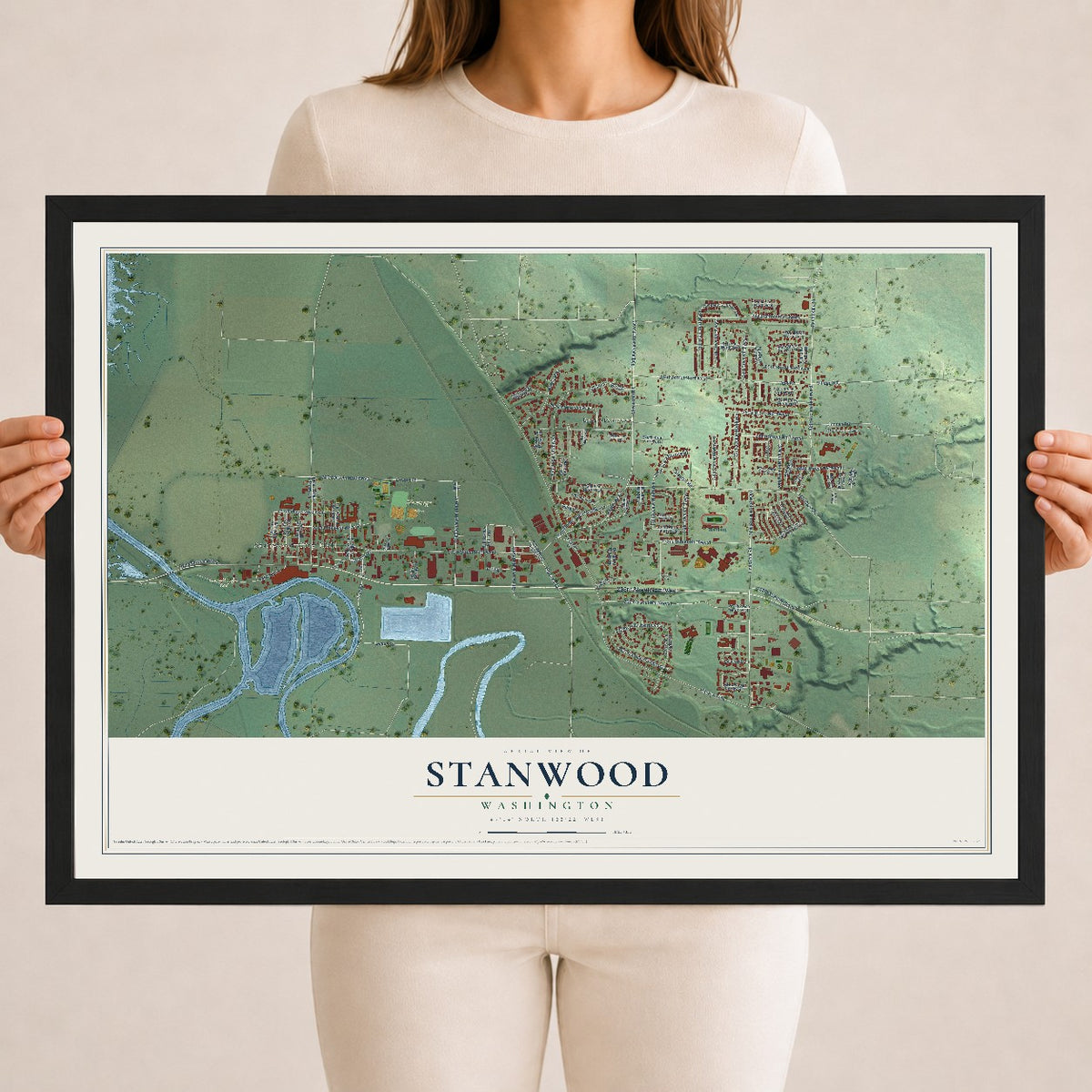 Map of Stanwood, Washington, 18 x 24 inch print in a black wood frame