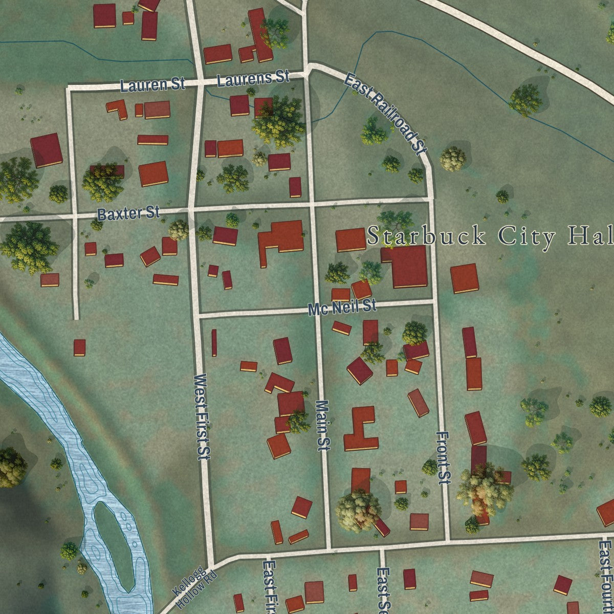 Close-up of the map of Starbuck, Washington print showing street and building detail