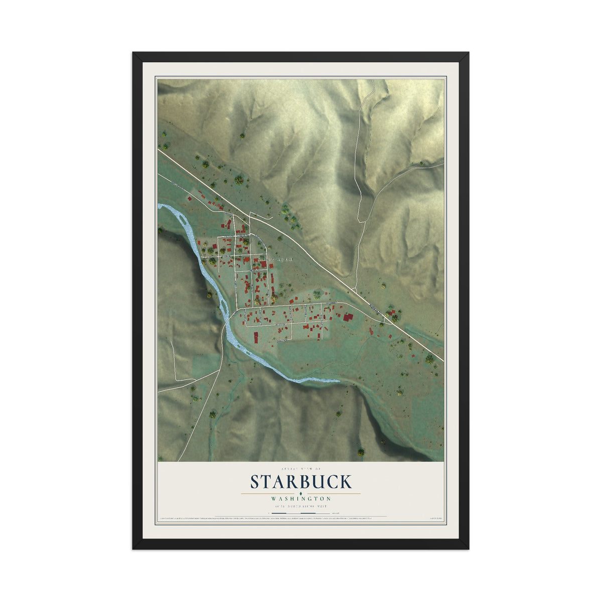 Map of Starbuck, Washington, 12 x 18 inch print in a black wood frame
