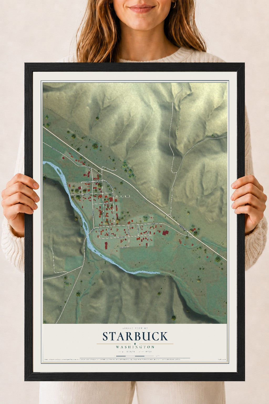 Map of Starbuck, Washington, 18 x 24 inch print in a black wood frame