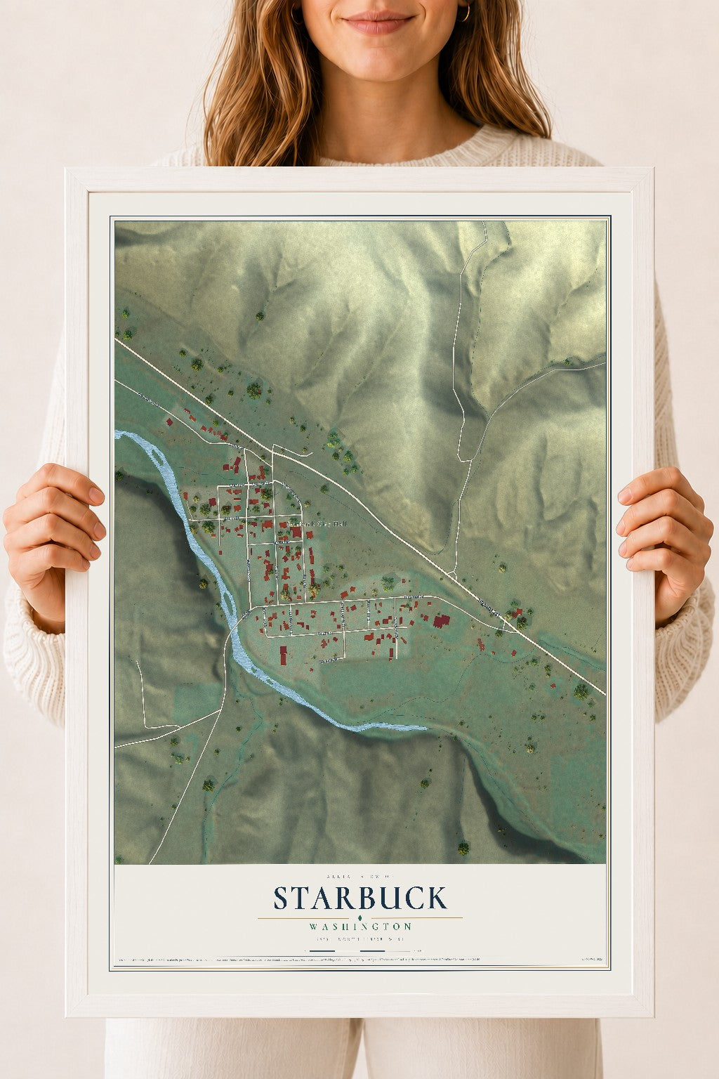Map of Starbuck, Washington, 18 x 24 inch print in a white wood frame