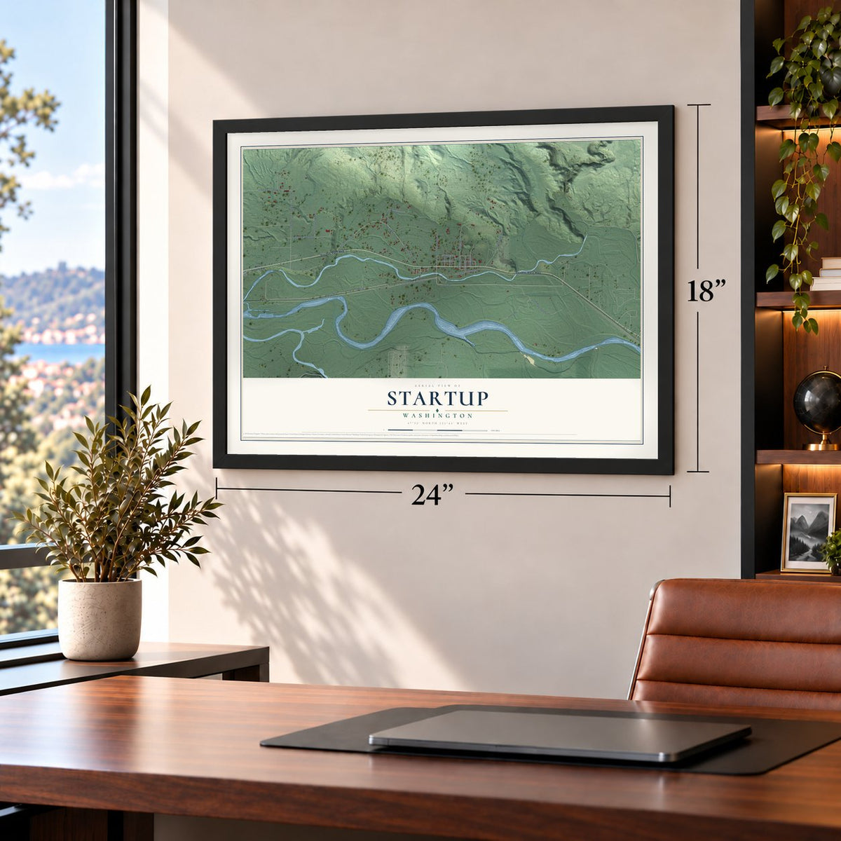 Startup, Washington map, 18 x 24 inch print in a black frame in a home office