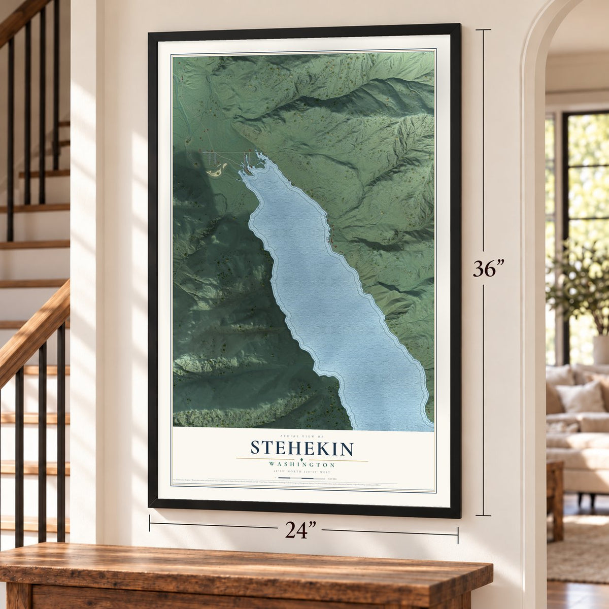 Stehekin, Washington map, 24 x 36 inch print in a black frame by a staircase