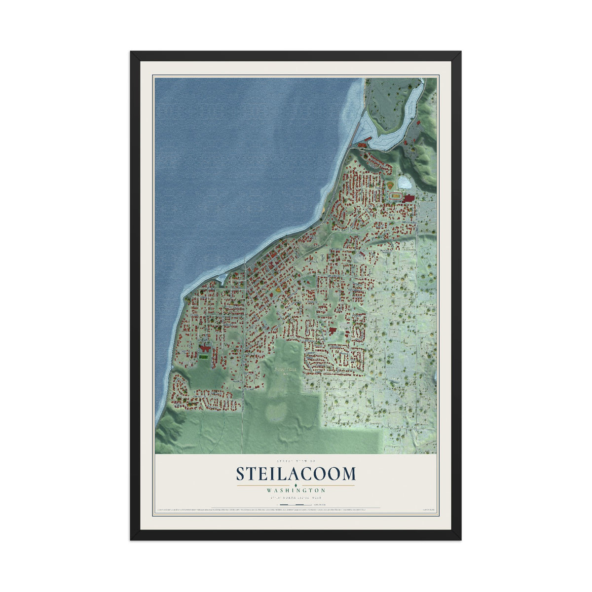 Map of Steilacoom, Washington, 12 x 18 inch print in a black wood frame
