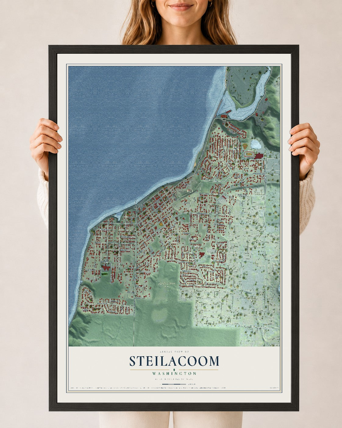 Map of Steilacoom, Washington, 24 x 36 inch print in a black wood frame