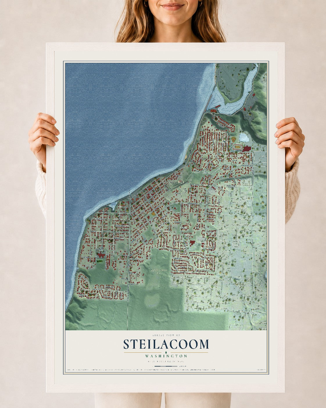 Map of Steilacoom, Washington, 24 x 36 inch print in a white wood frame