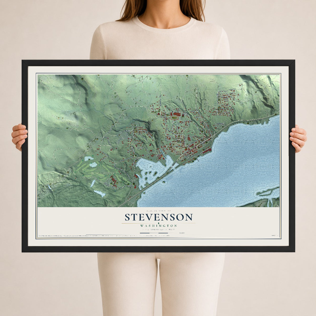 Map of Stevenson, Washington, 24 x 36 inch print in a black wood frame