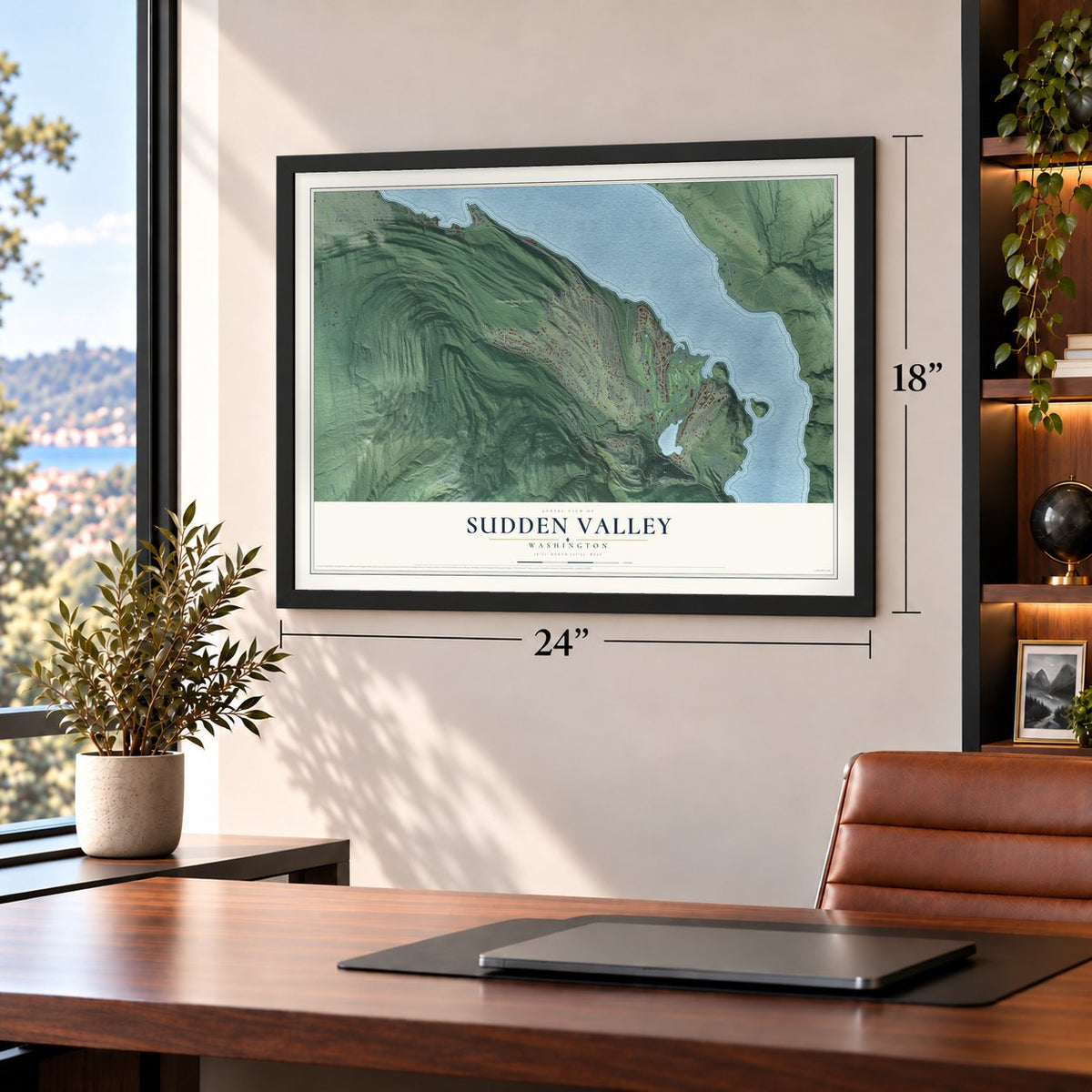 Sudden Valley, Washington map, 18 x 24 inch print in a black frame in a home office