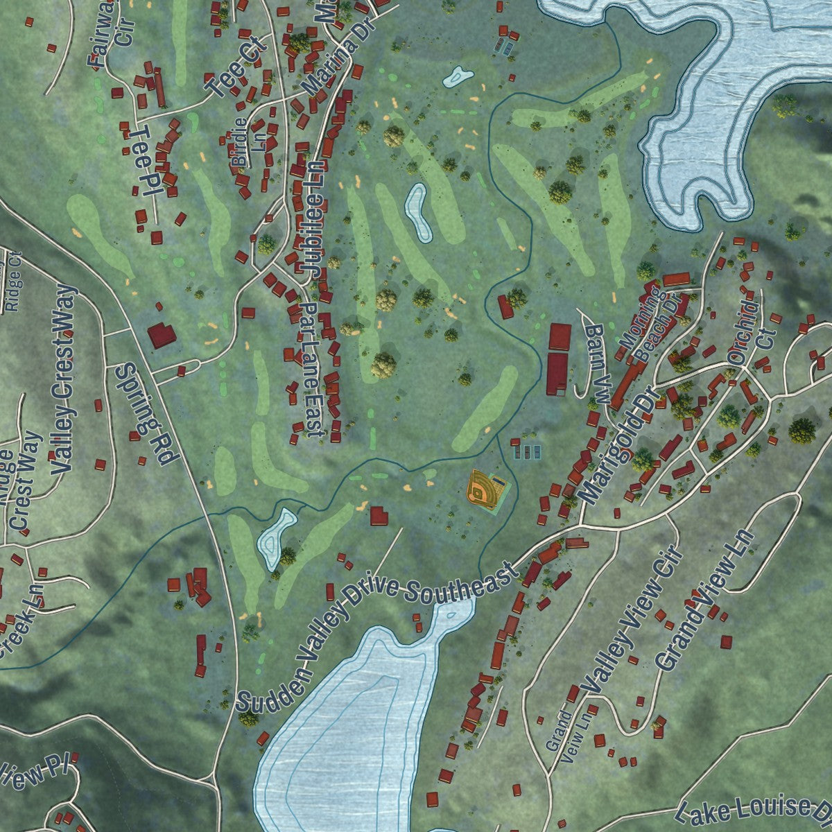Close-up of the map of Sudden Valley, Washington print showing street and building detail