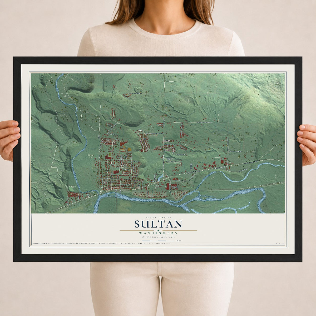 Map of Sultan, Washington, 18 x 24 inch print in a black wood frame