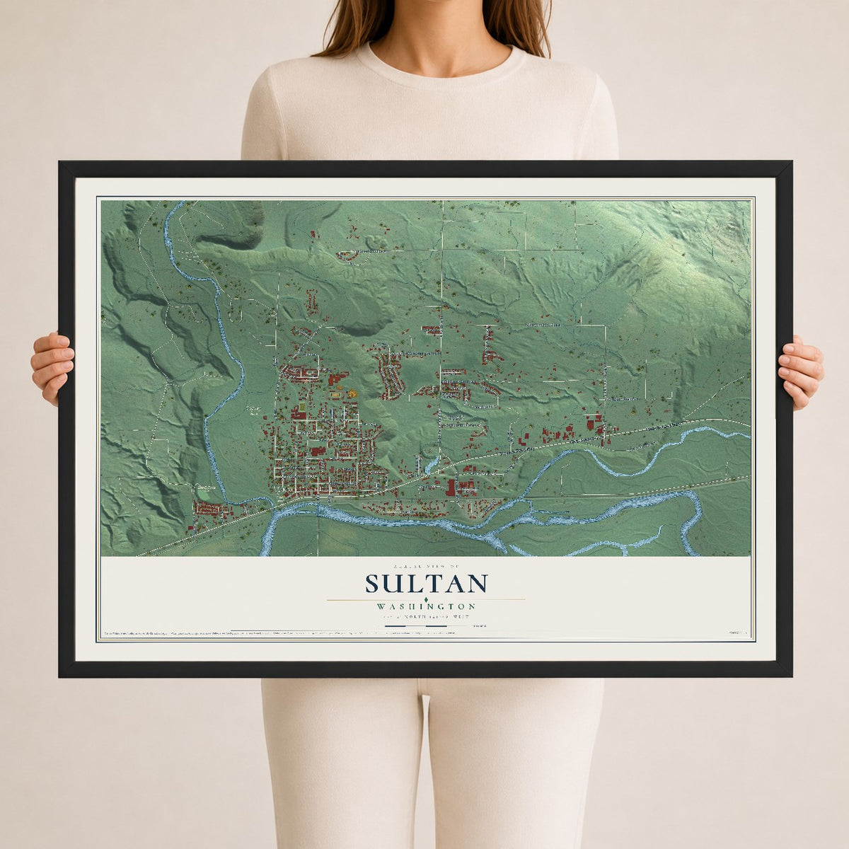 Map of Sultan, Washington, 24 x 36 inch print in a black wood frame